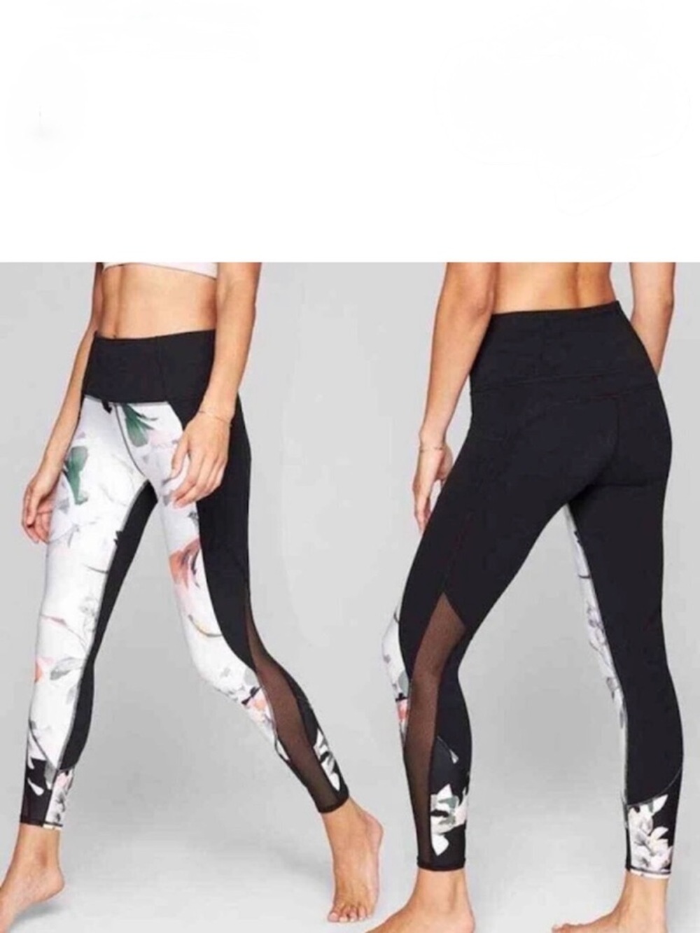 Athleta Blossom Intuition Floral Black Leggings 7/8 Tight Mesh Cutouts Small